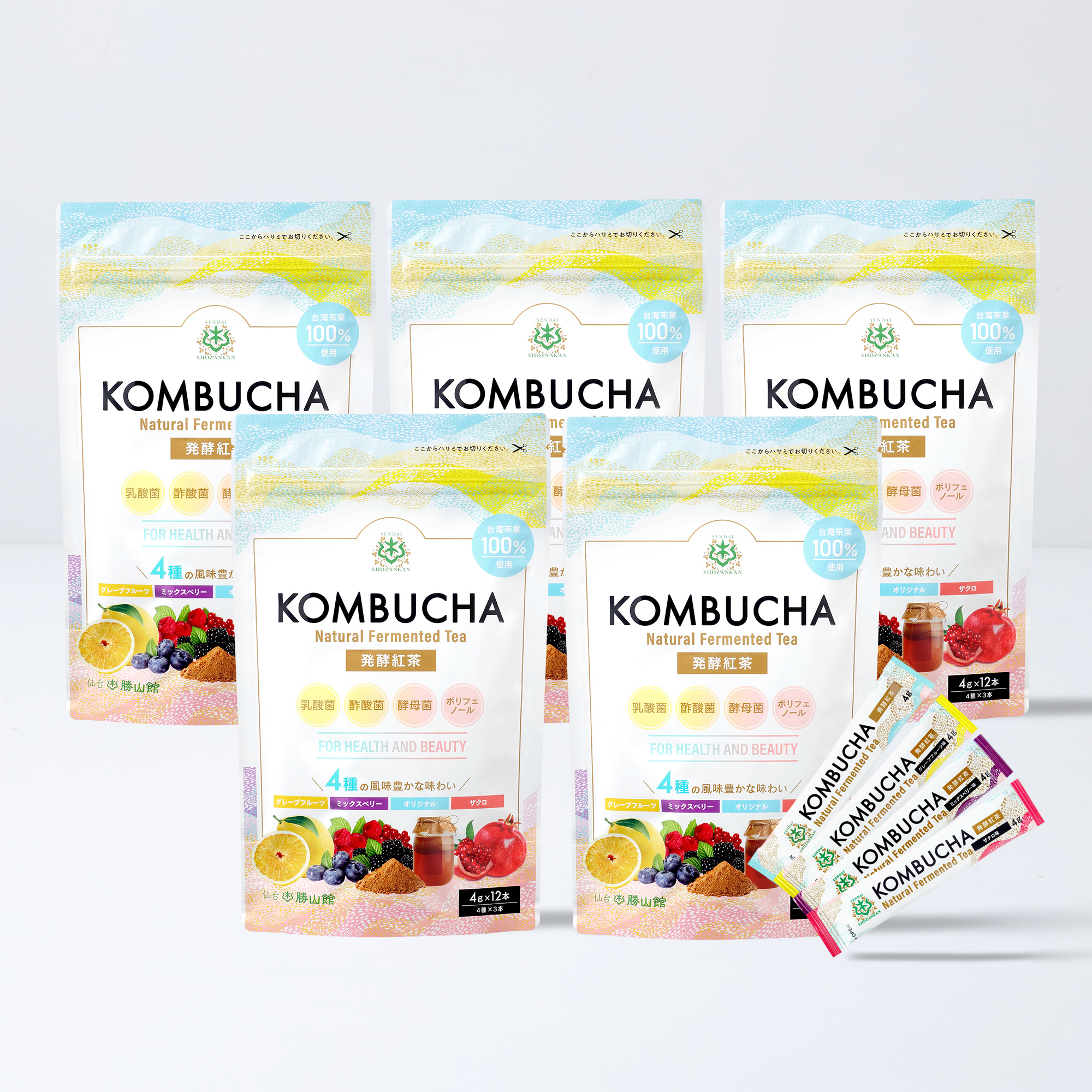 仙台勝山館 発酵紅茶 KOMBUCHA 4種のフルーツ味セット 4g×12本（5個セット）