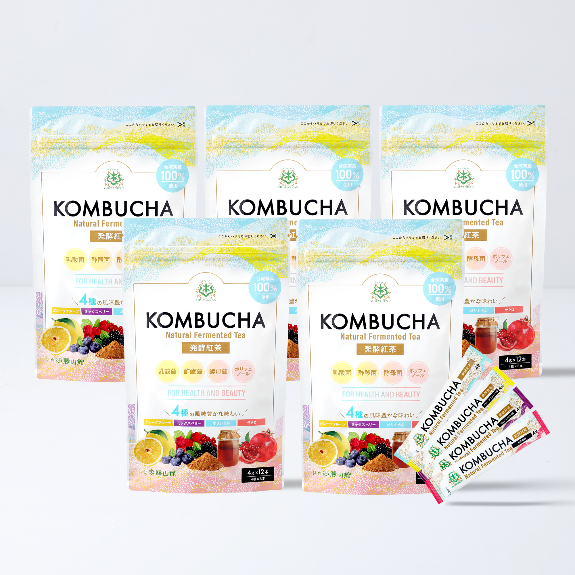 仙台勝山館 発酵紅茶 KOMBUCHA 4種のフルーツ味セット 4g×12本（5個セット）