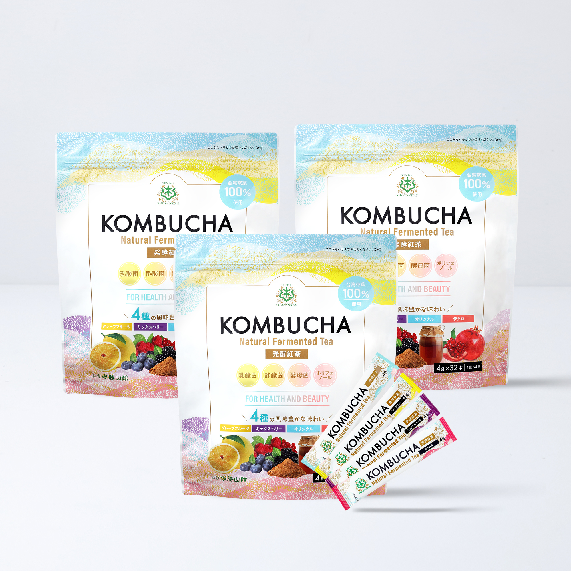 仙台勝山館 発酵紅茶 KOMBUCHA 4種のフルーツ味セット 4g×32本（3個セット）