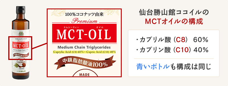 仙台勝山館ココイルのMCTオイルの構成はC8とC10が6:4です。青いボトルも同じです。
