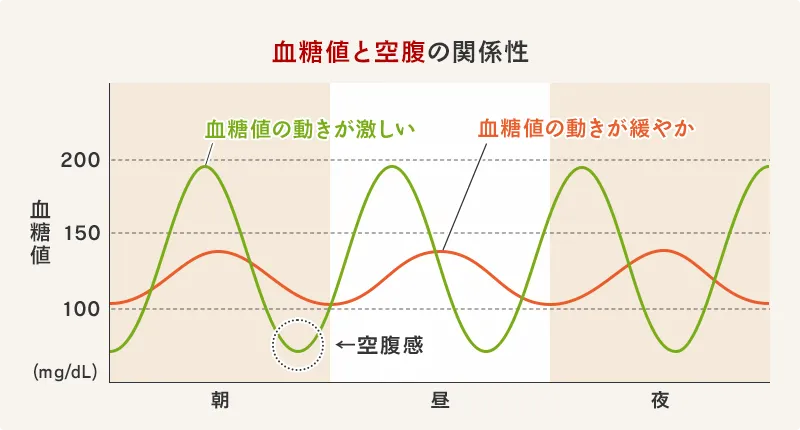血糖値と空腹の関係性。上昇した血糖値が急激に下がるときに人は空腹を感じます。