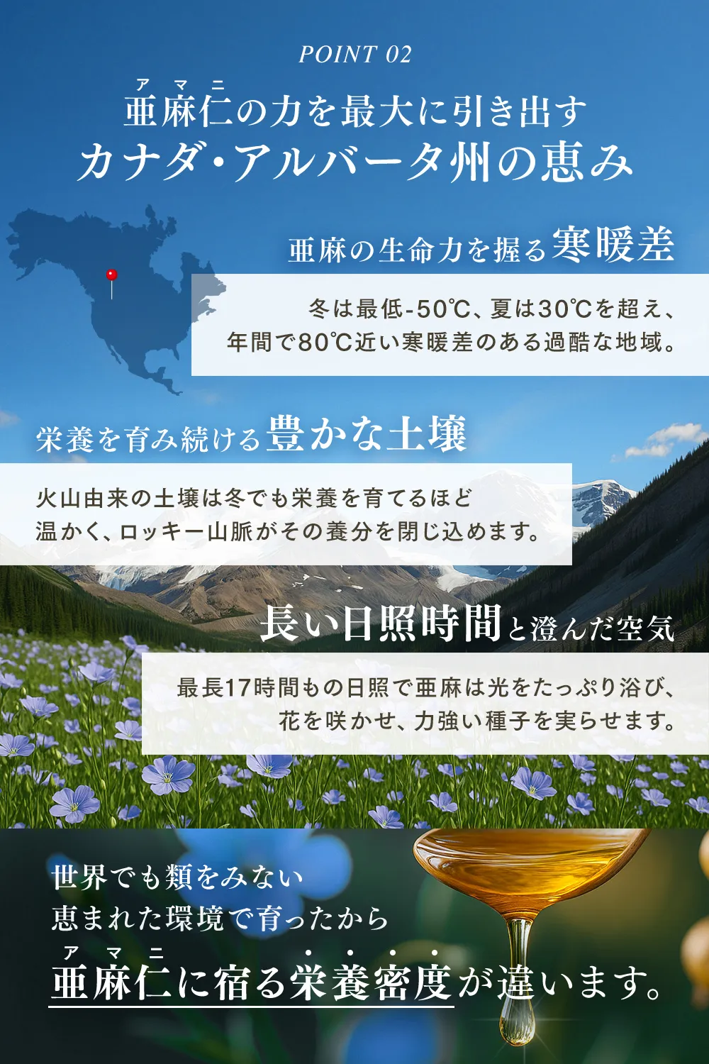 【POINT02】亜麻仁（アマニ）の力を最大に引き出す カナダ・アルバータ州の恵み 亜麻の生命力を握る寒暖差…冬は最低-50℃、夏は30℃を超え、年間で80℃近い寒暖差のある過酷な地域。栄養を育み続ける豊かな土壌…火山由来の土壌は冬も栄養を育てるほど 温かく、ロッキー山脈がその養分を閉じ込めます。長い日照時間と住んだ空気…最大17時間もの日照で亜麻は光をたっぷり浴び、花を咲かせ、力強い種子を実らせます。世界でも類をみない 恵まれた環境で育ったから 亜麻仁（アマニ）に宿る栄養密度が違います。