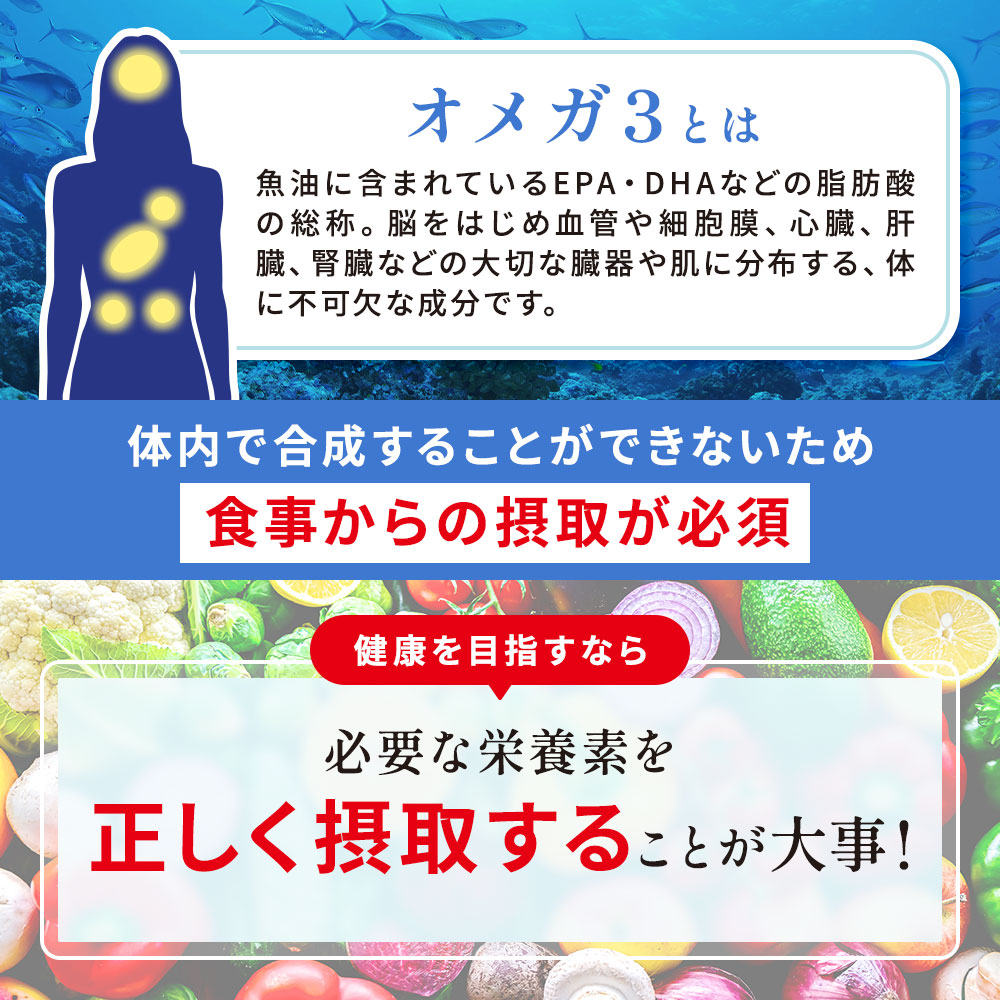 オメガ3とは…魚油に含まれているEPA・DHAなどの脂肪酸の総称。脳をはじめ血管や細胞膜、心臓、肝臓、腎臓などの大切な臓器や肌に分布する、体に不可欠な成分です。｜体内で合成することができないため【食事からの摂取が必須】健康を目指すなら必要な栄養素を正しく摂取することが大事！